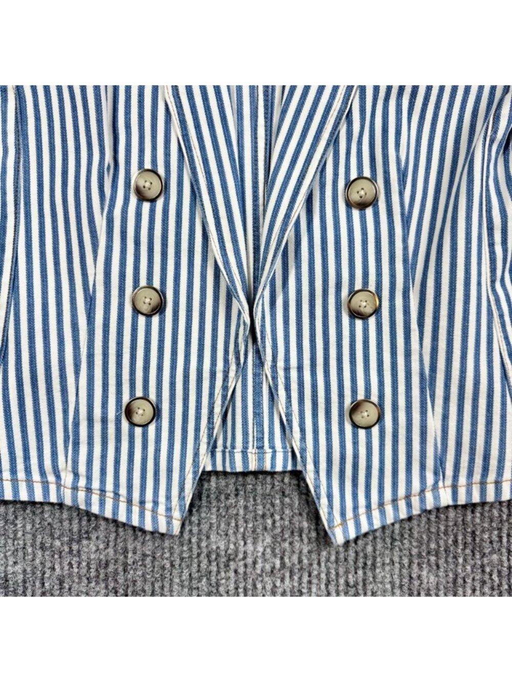 Chicos Open Front Denim Jacket Womens 1/Medium Blue White Striped Classic Fit - Picture 4 of 13
